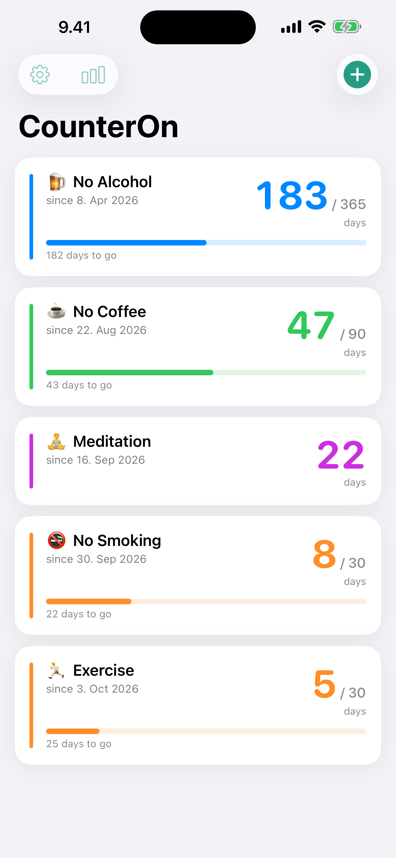 Main counter list showing streak counts