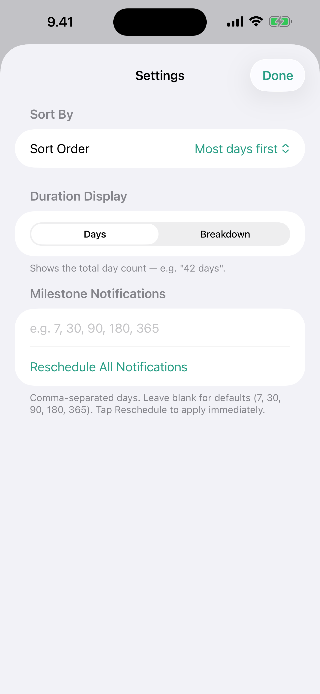 Settings for sort order and notifications