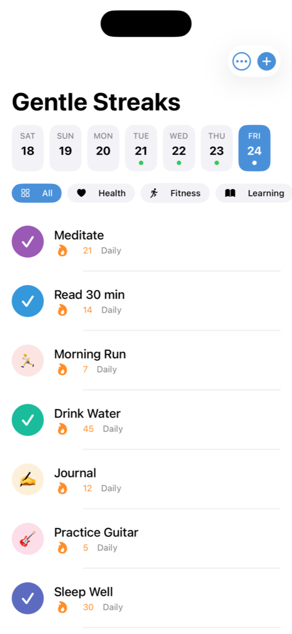 Today view with habit list and streaks