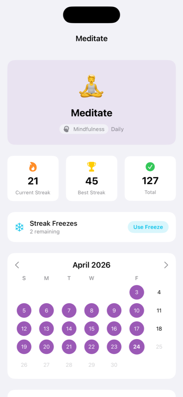 Habit detail with calendar and streak info