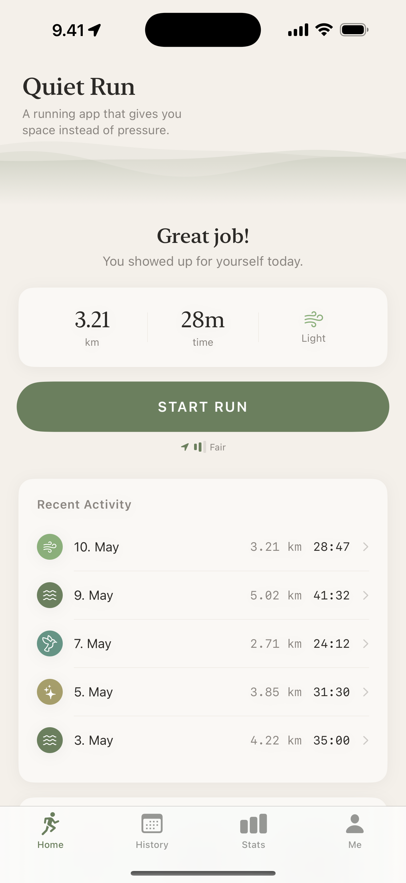 Quiet Run home screen
