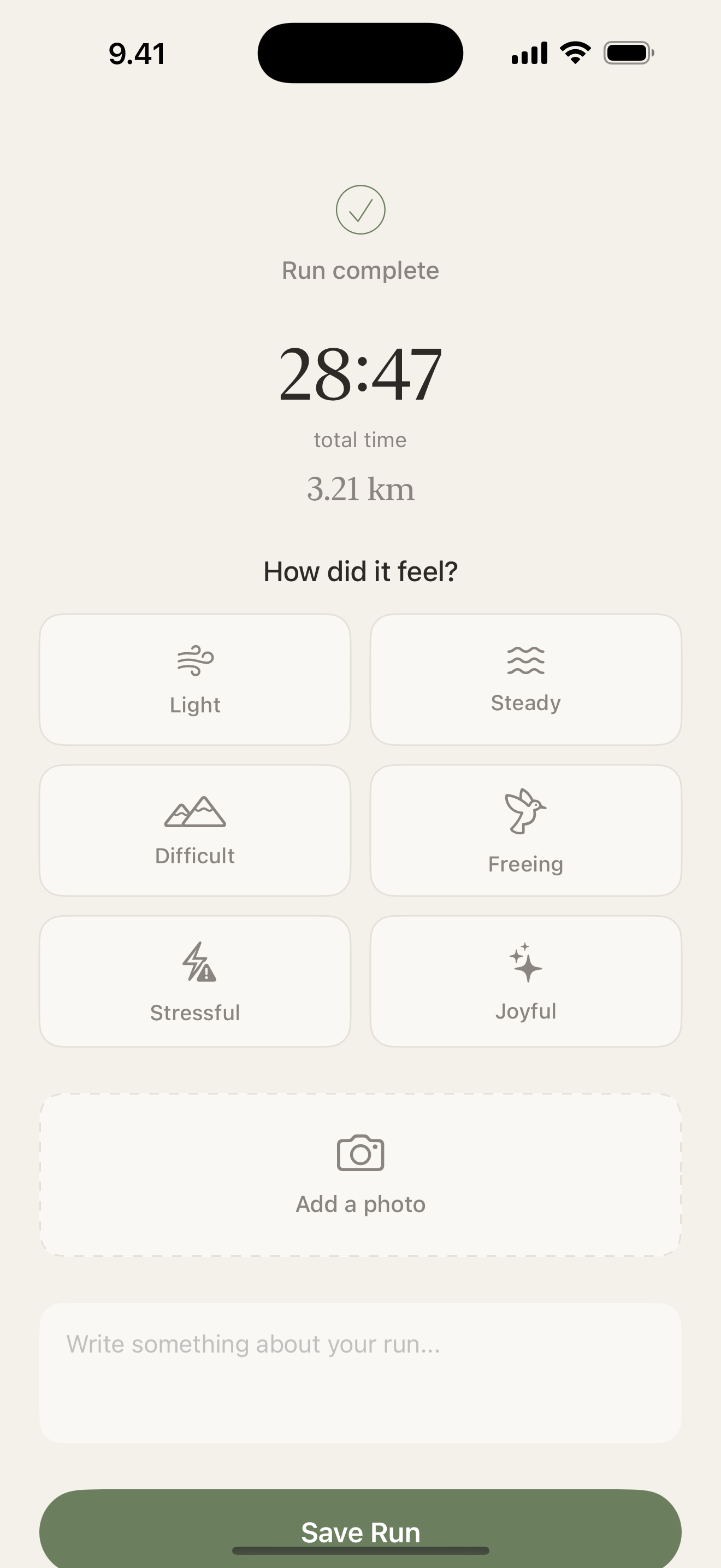 Post-run feeling selector