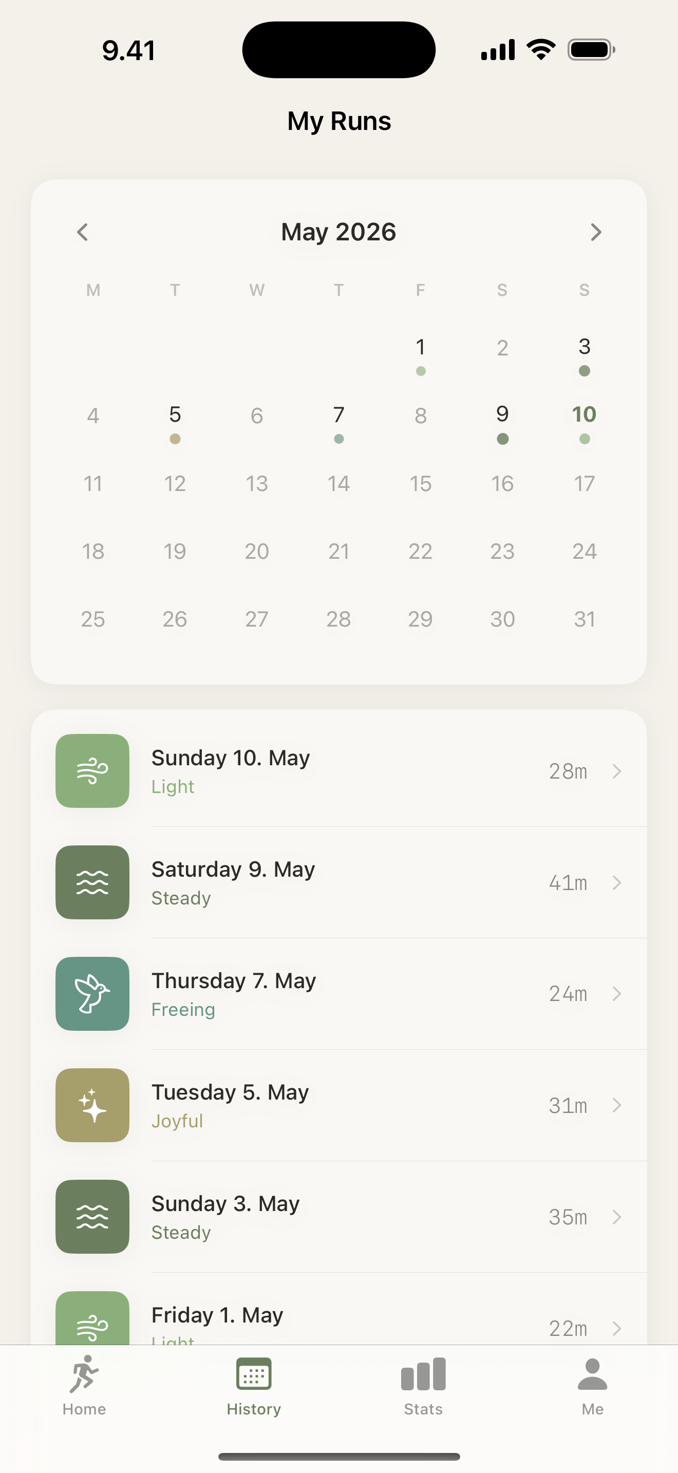 Run history calendar