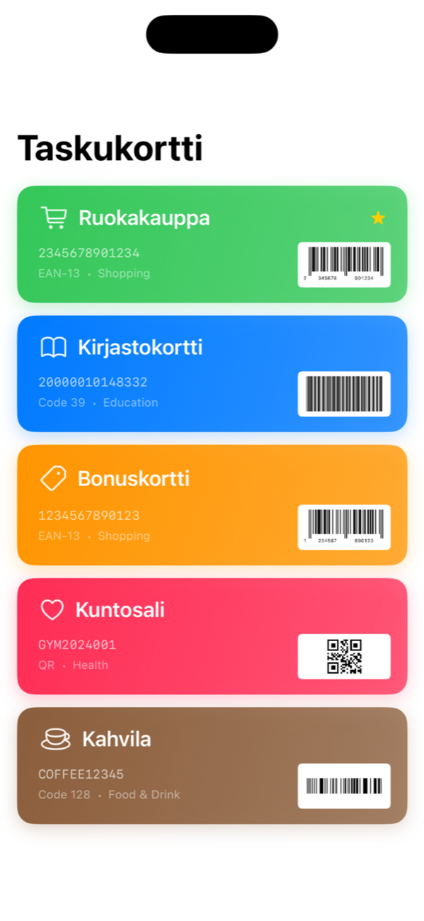 Card list with colorful loyalty and membership cards