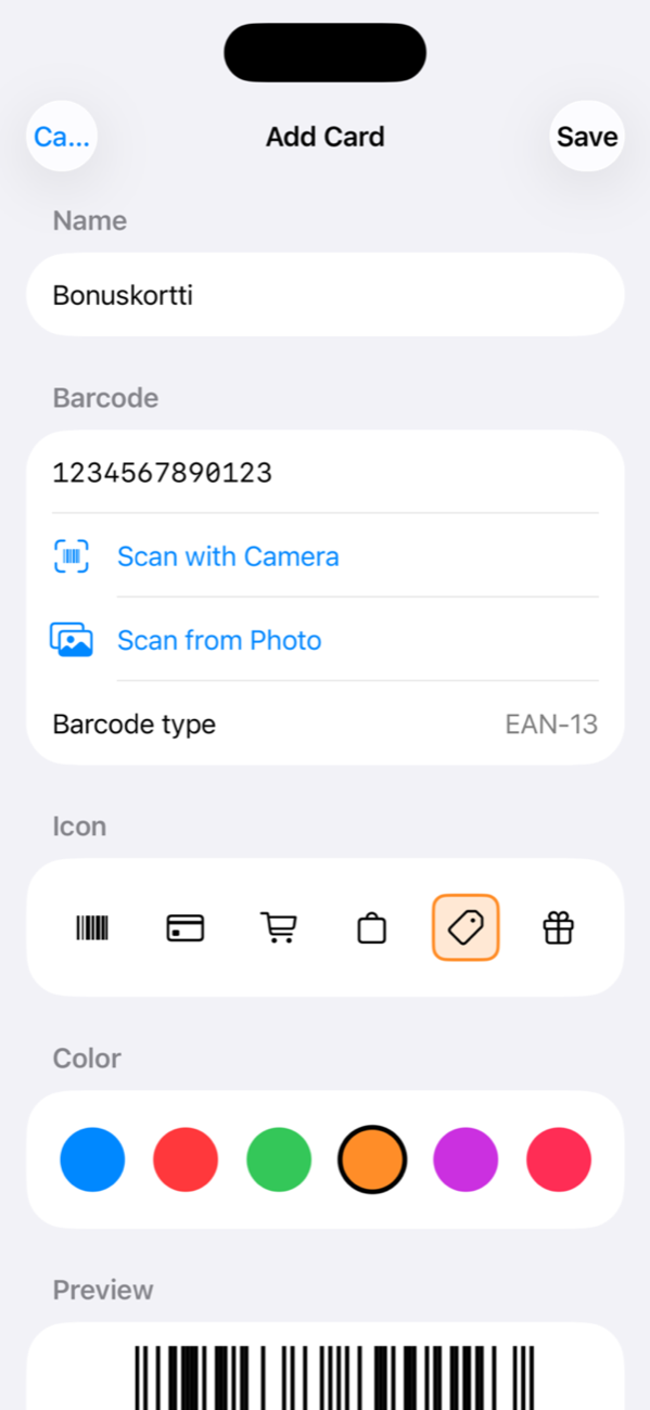 Add card form with barcode scanning options