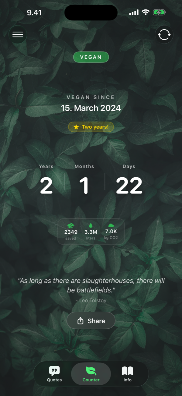 Vegan day counter with impact summary